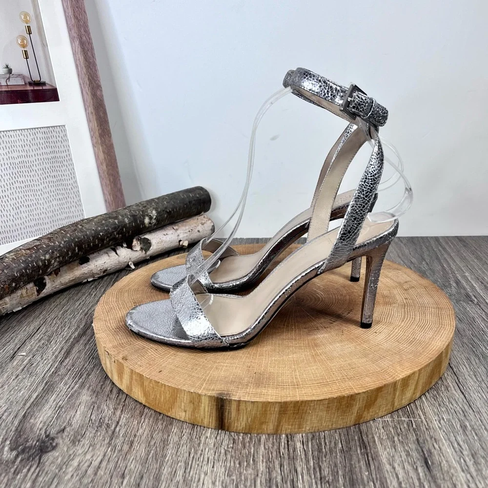 *Tory Burch | Elana Leather Silver Heeled Sandals With Ankle Straps Size 6